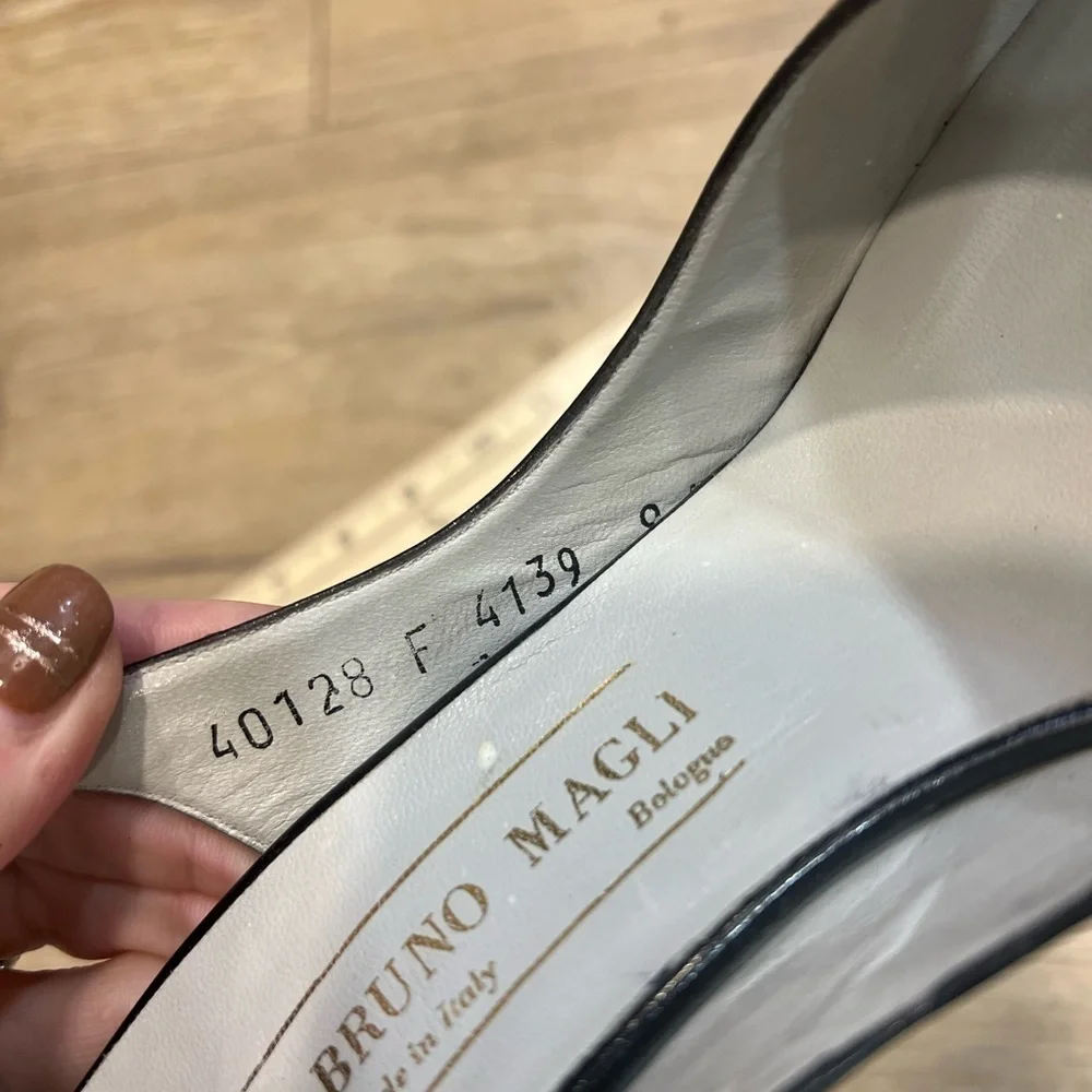 BRUNO MAGLI black leather peep toe sling shoes with gold accent on the toe - Picture 13 of 16